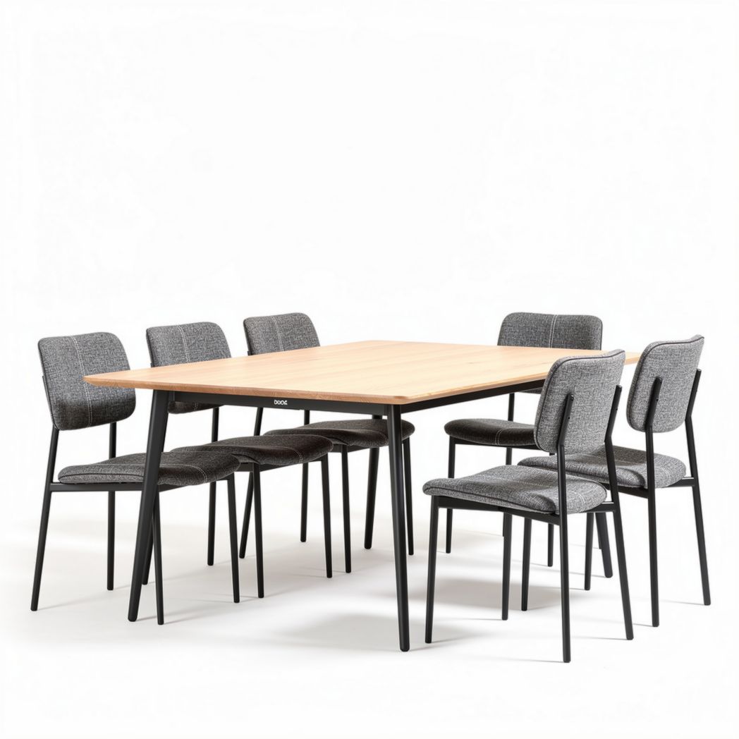 Mesa de jantar retangular em madeira com seis cadeiras estofadas cinza 150 x 150 x 75cm