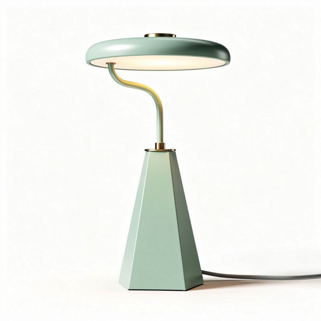 Lâmpada de mesa em metal verde claro com base em formato piramidal 25 x 25 x 50cm