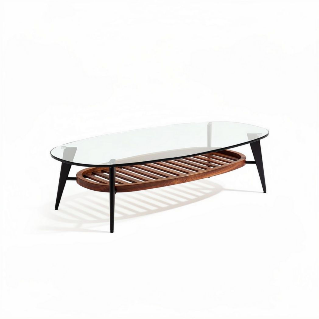 mesa de centro oval com tampo de vidro e base em madeira 100 x 50 x 40cm