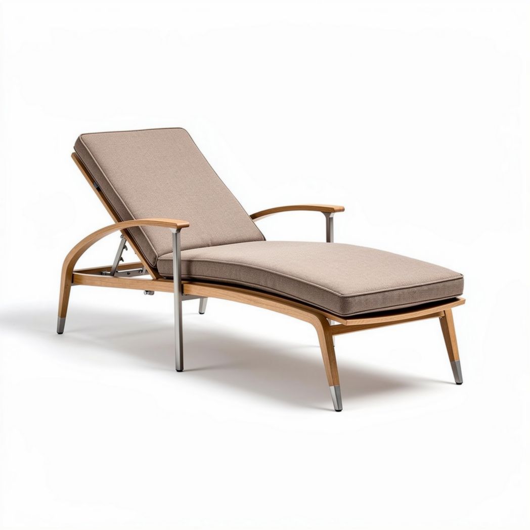 Chaise longue de madeira com estofamento em tecido cinza claro 180 x 70 x 85cm