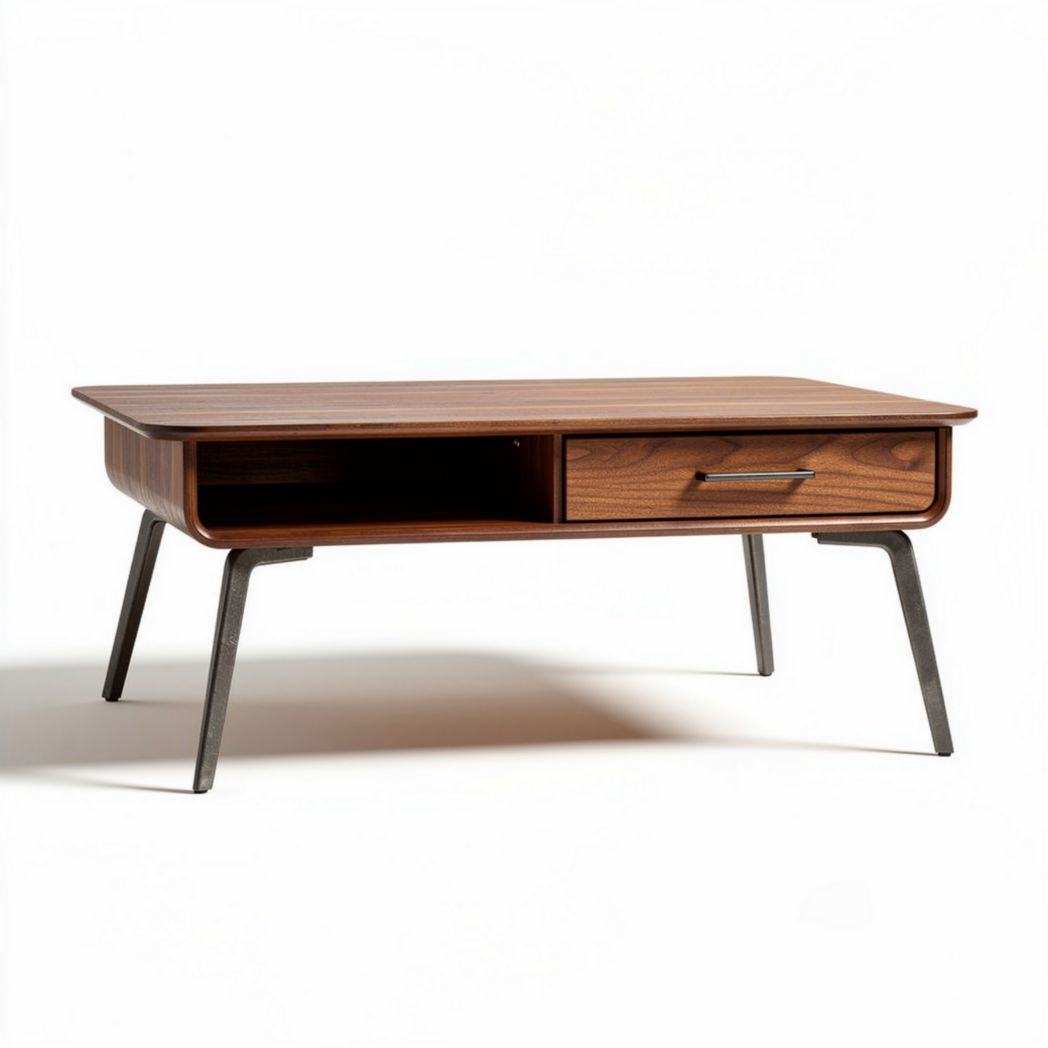 Mesa de centro em madeira de nogueira com gaveta e estrutura metálica 120 x 60 x 40cm